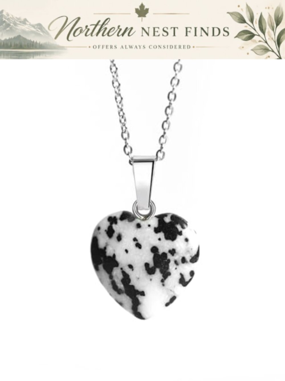 Dalmatian Stone Heart Pendant Necklace Stainless Steel Chain Healing Reiki